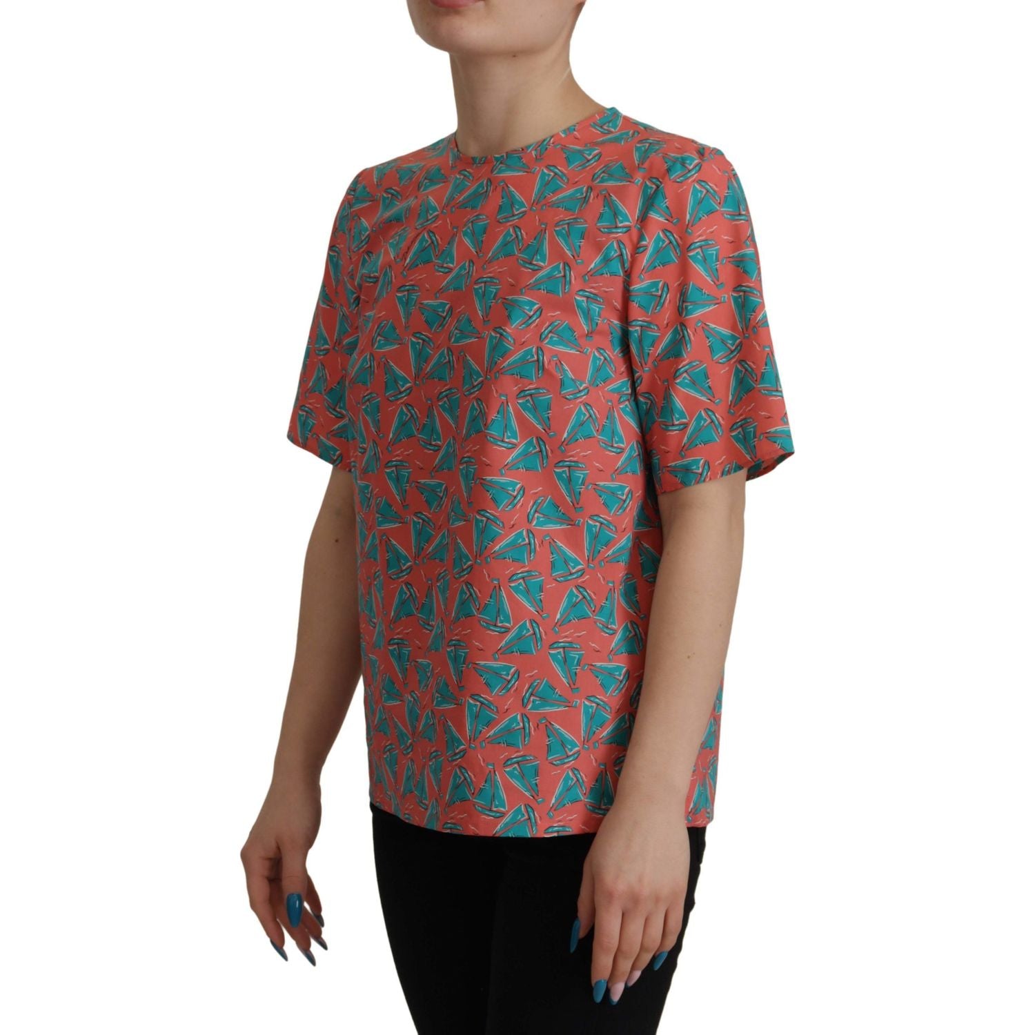 别致的粉色帆船印花棉质上衣