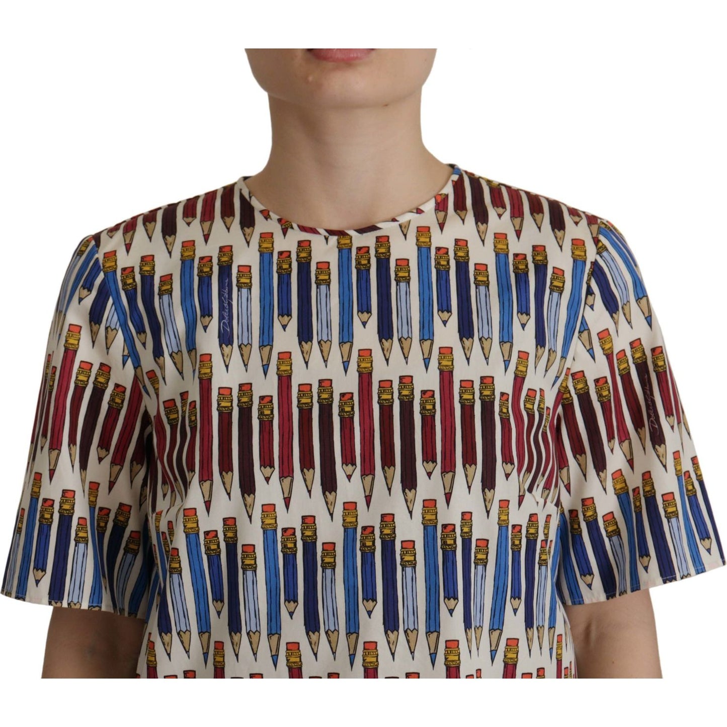 Dolce & Gabbana White Pencil Print Cotton T-shirt Blouse