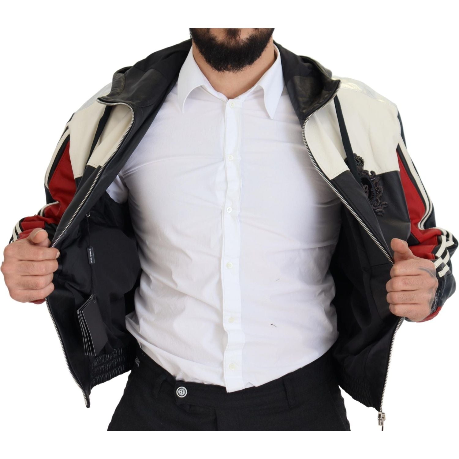 جاكيت بومبر من الجلد الأسود الفاخر من دولتشي آند غابانا