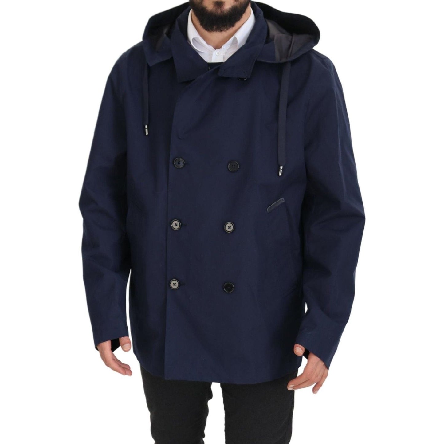 Dolce & Gabbana Blue Hooded Double Breasted Coat Jacket