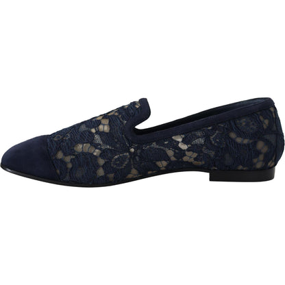 Dolce & Gabbana Blue Floral Lace Slip Ons Loafers Flats Shoes