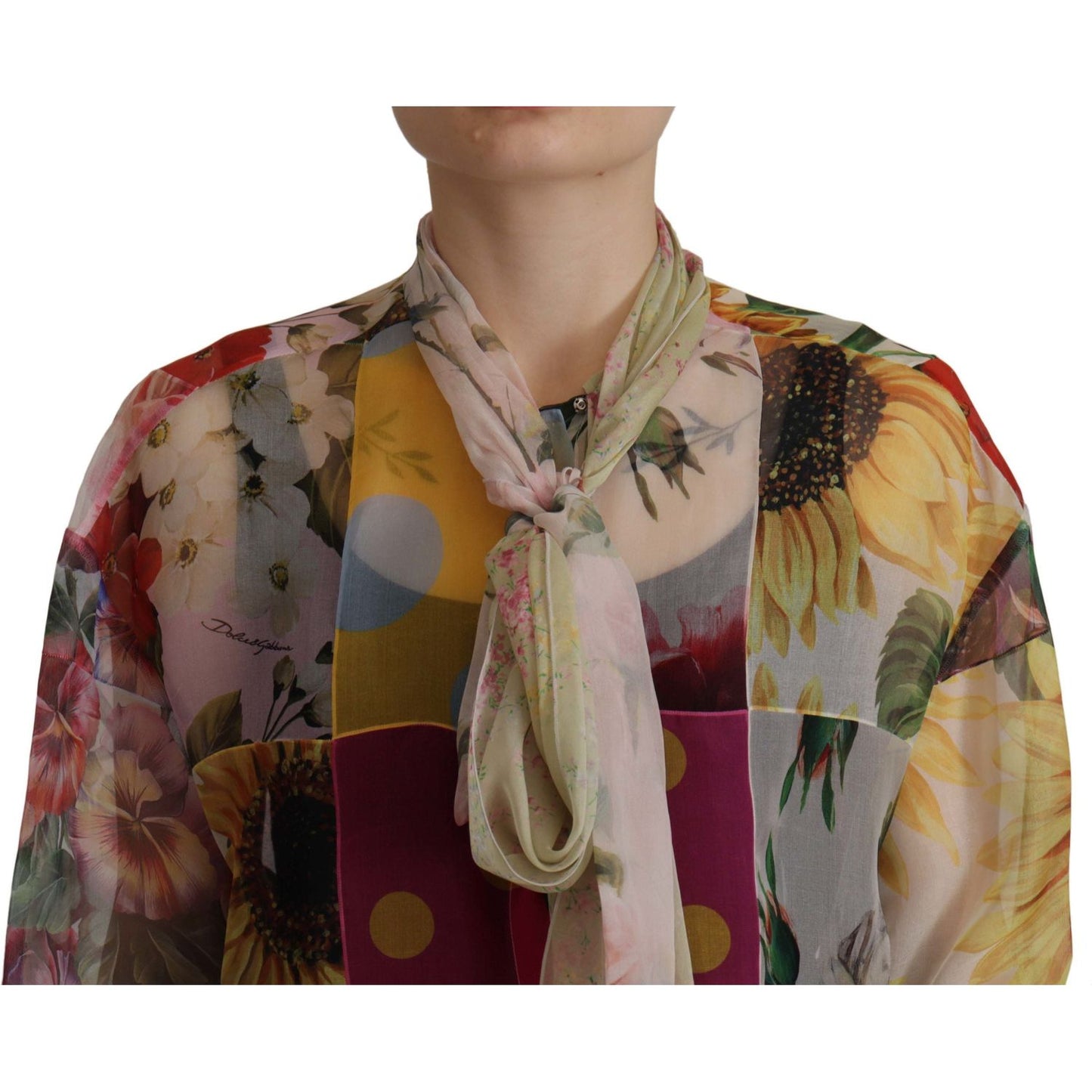 Dolce & Gabbana Multicolor Ascot Collar Patchwork Blouse Top