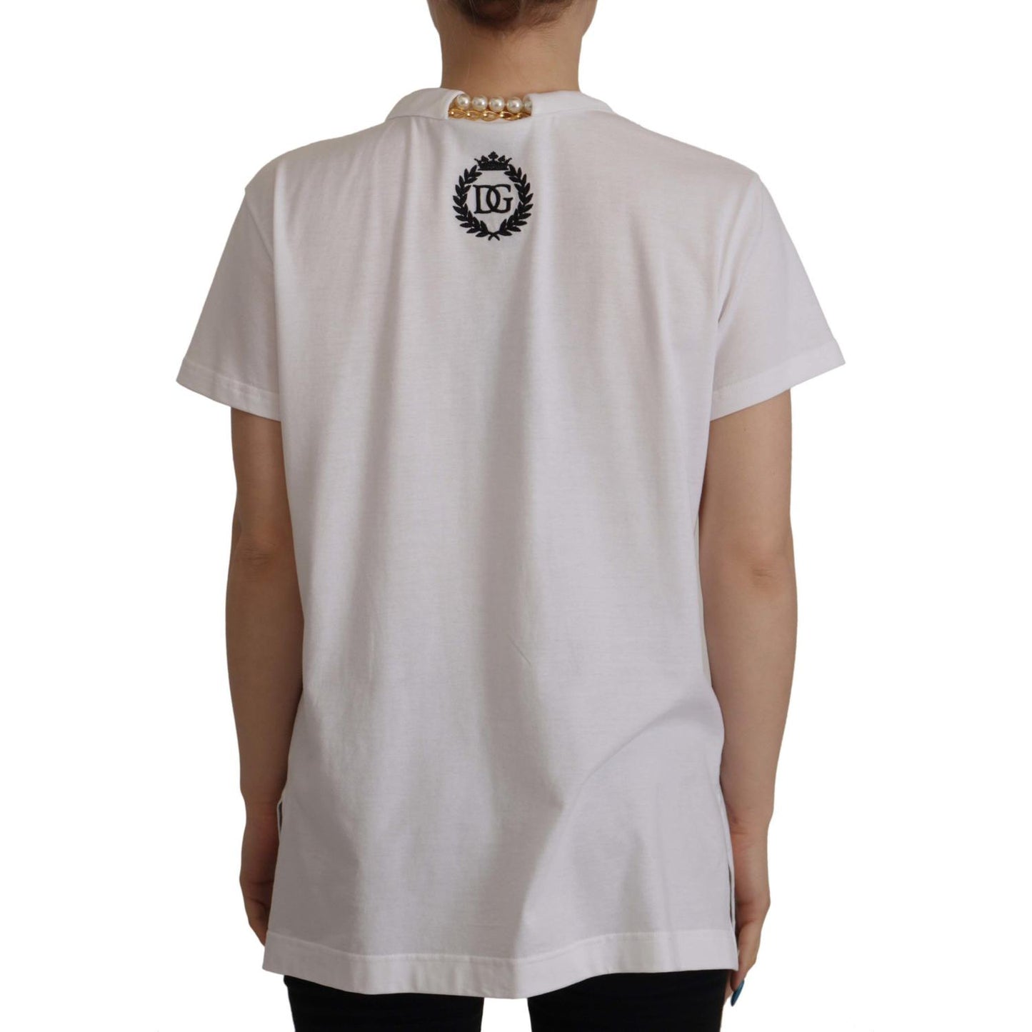 Dolce & Gabbana White Necklace Embellished Neckline T-shirt Top