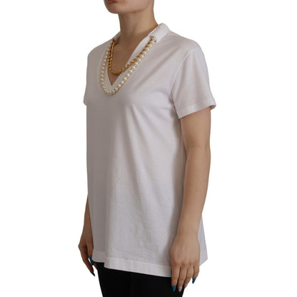 Dolce & Gabbana White Necklace Embellished Neckline T-shirt Top