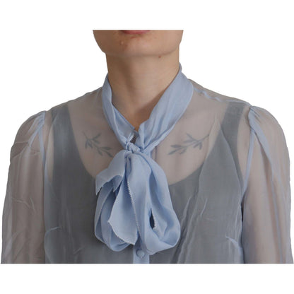 Dolce & Gabbana Light Blue Silk Ascot Collar Long Sleeves Top
