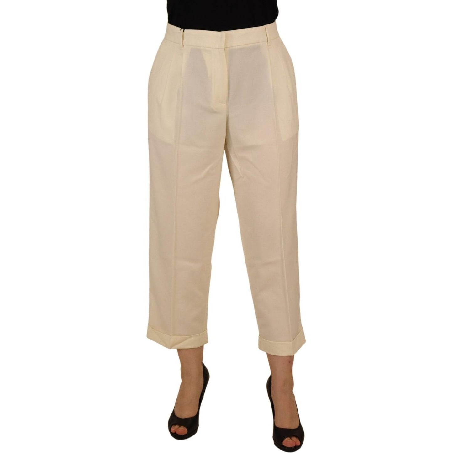 Dolce & Gabbana Ivory High Waist Cropped Folded Hem Trousers Pants