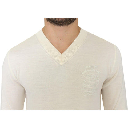 Ermanno Scervino Off White Wool Blend V-neck Pullover Sweater