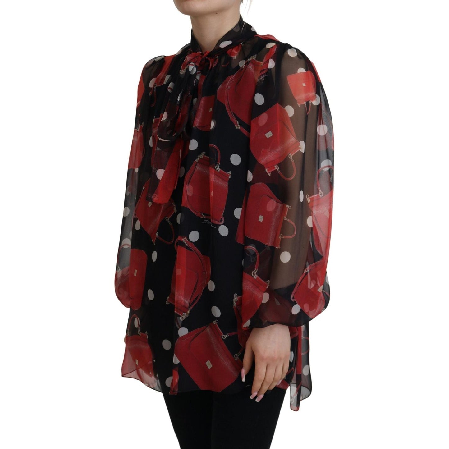 Dolce & Gabbana Black Red Sicily Bag Silk Shirt Top Blouse