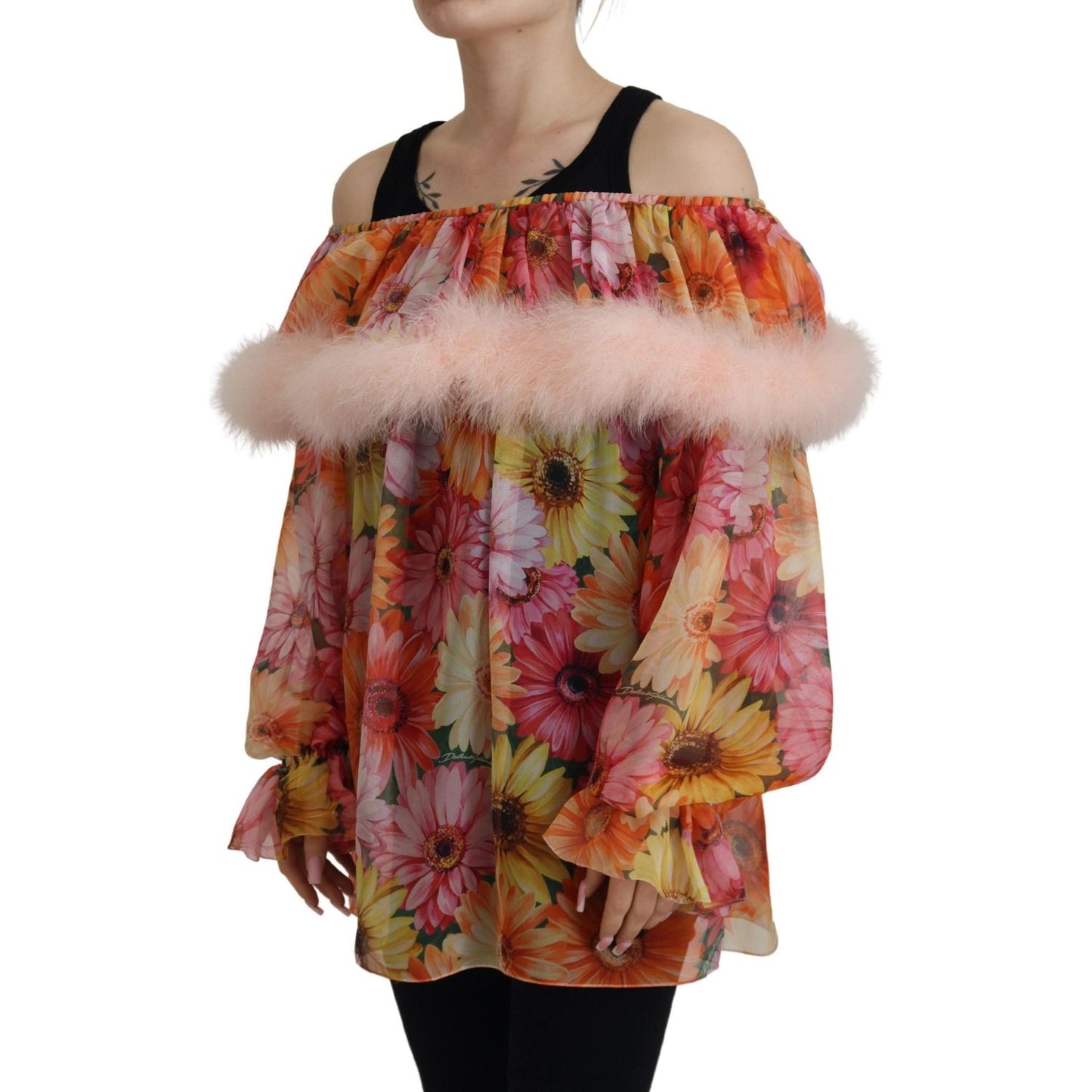 Dolce & Gabbana Multicolor Floral Fur Shearling Blouse Top