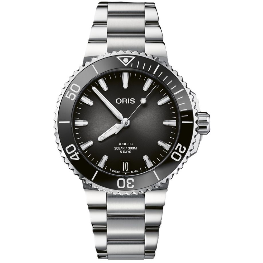 Luxury Swiss wristwatch ORIS MOD. AQUIS DATE CALIBRE 400, stainless steel, sapphire dial, water-resistant, automatic movement, for gents.