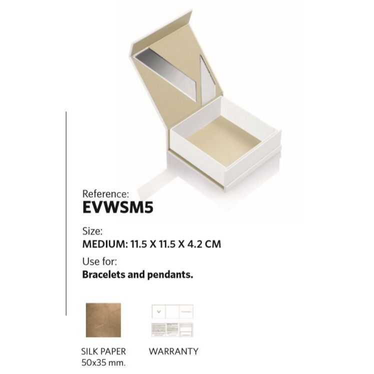 Medium jewelry box EVWSM5 for bracelets and pendants, size 11.5x11.5x4.2 cm, with silk paper and warranty included.