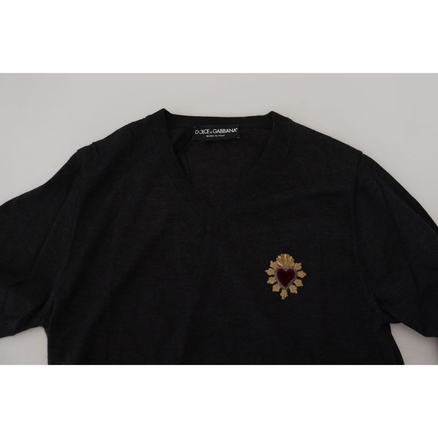 Dolce & Gabbana Gray Cashmere V-neck Gold Heart Sweater