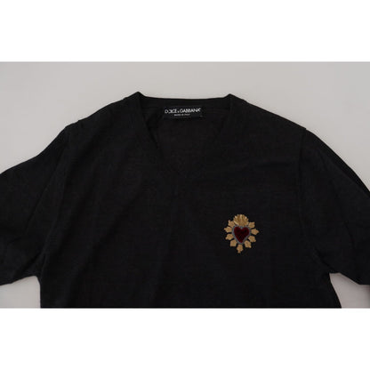 Dolce & Gabbana Gray Cashmere V-neck Gold Heart Sweater