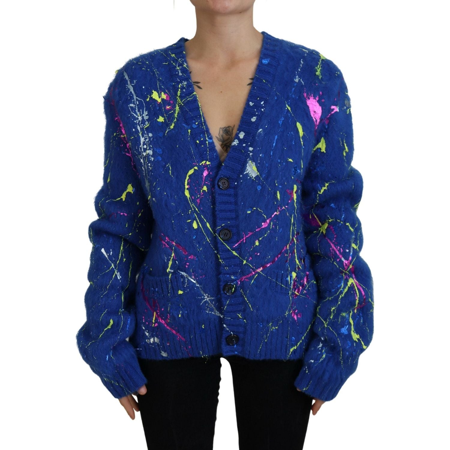 Dolce & Gabbana Blue Color Splash Mohair Cardigan  Sweater