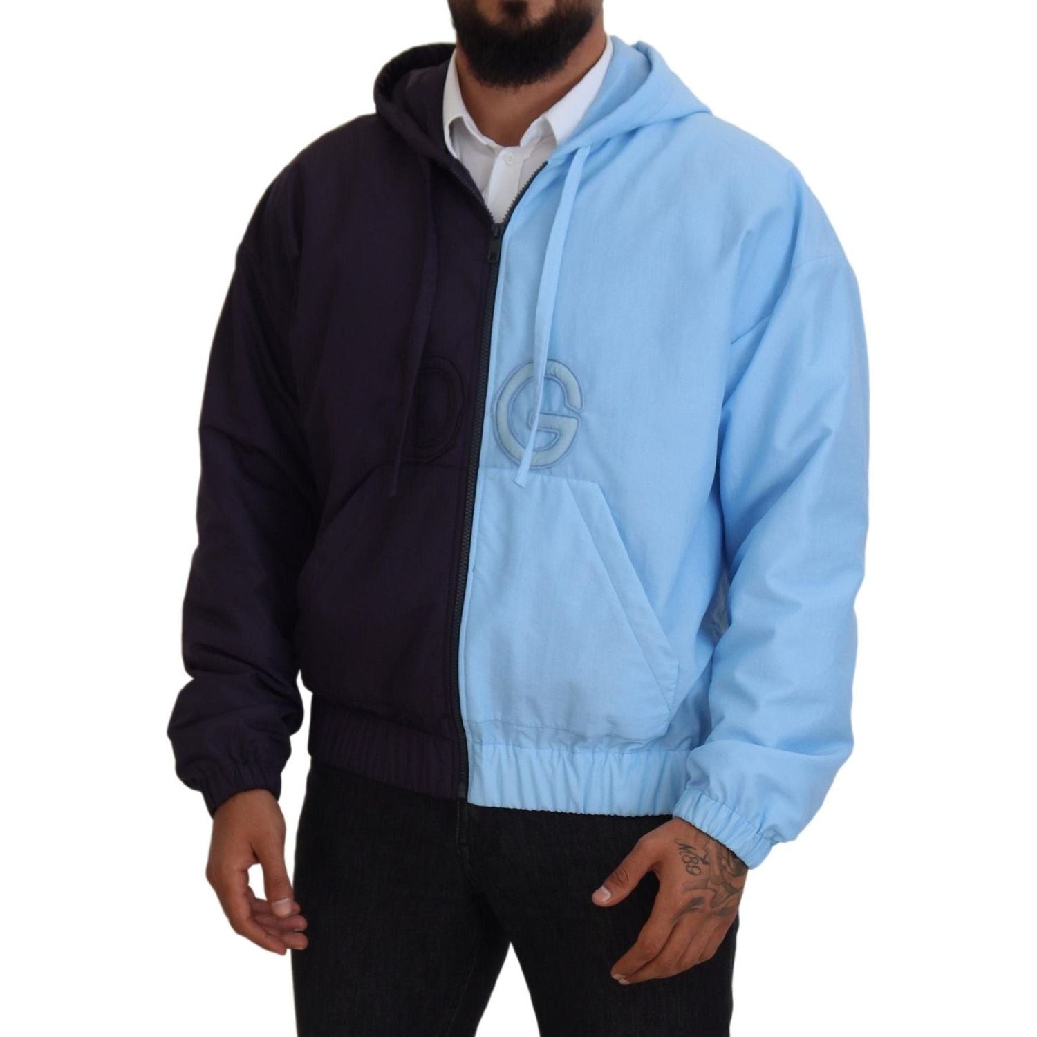 优雅连帽蓝色夹克 - 全拉链开合