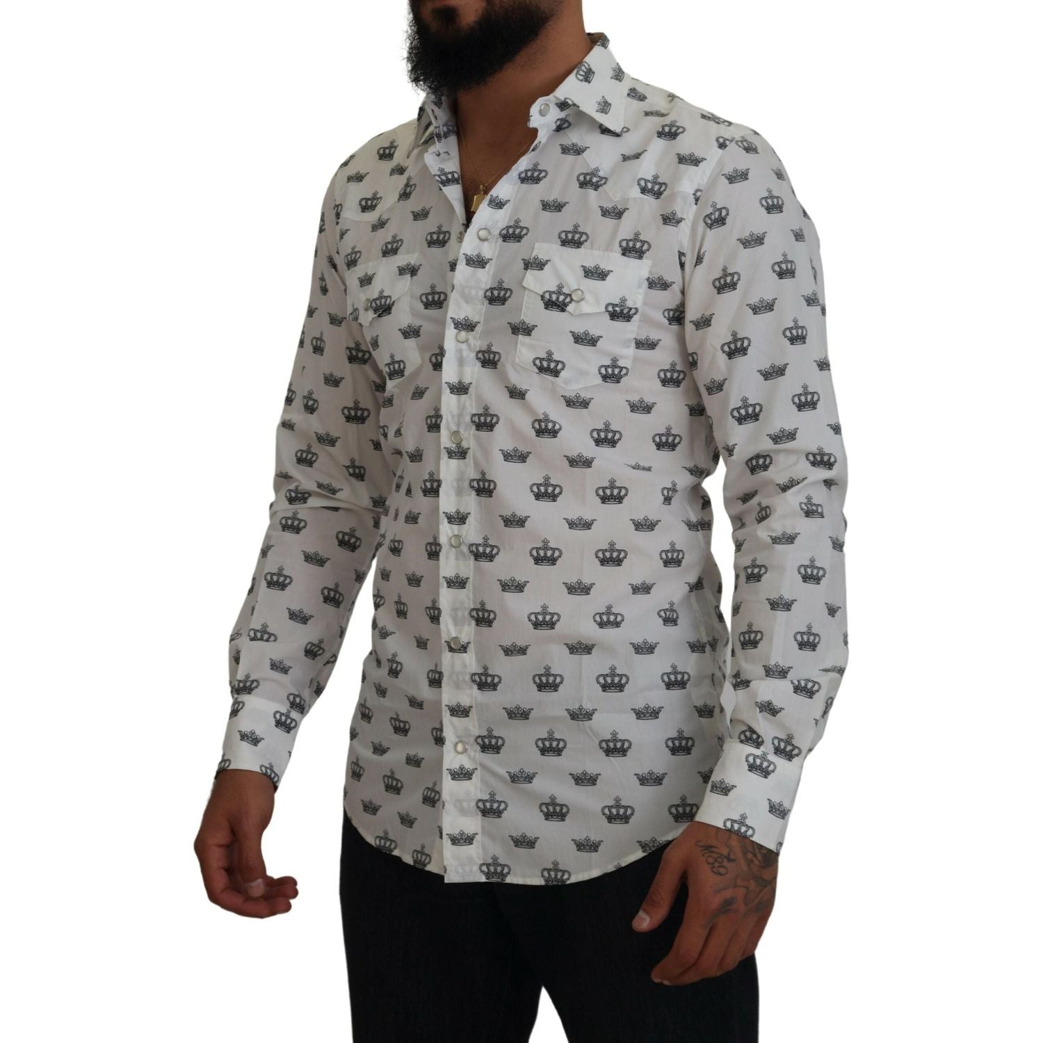 Dolce & Gabbana White Crown Print Slim Fit Cotton Shirt