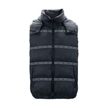 Versace Elegant Black Logo Band Vest with Detachable Hood