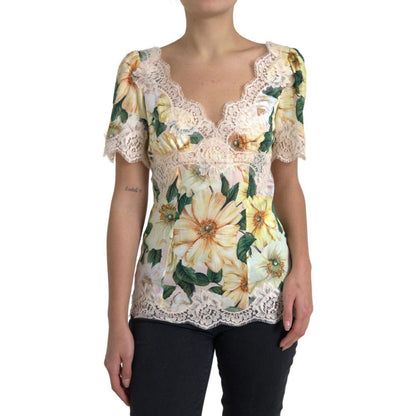 Dolce & Gabbana Multicolor Floral Lace V Neck Blouse