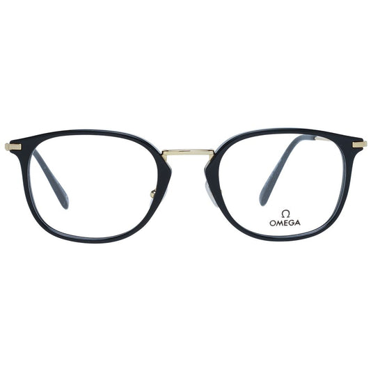 Omega Black Men Glasses Frame, full-rim, round style, black metal & plastic, size 52-22-145 with plastic demo lenses, includes branded case.