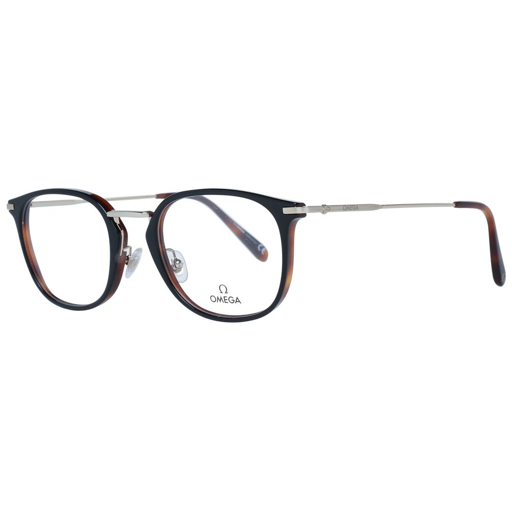 Omega Black Men Glasses Frame, full-rim style with black metal and plastic frame, demo lenses, included branded case.