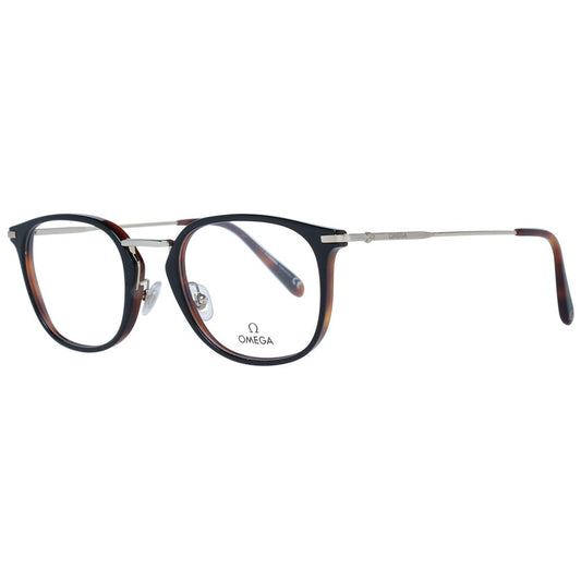 Omega Black Men Glasses Frame, full-rim style with black metal and plastic frame, demo lenses, included branded case.