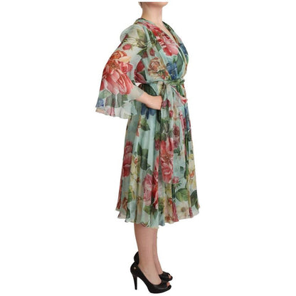 Dolce & Gabbana Multicolor Green Floral Silk Wrap Midi Dress