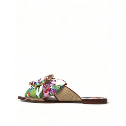 Dolce & Gabbana Multicolor Floral Flats Crystal Sandals Shoes