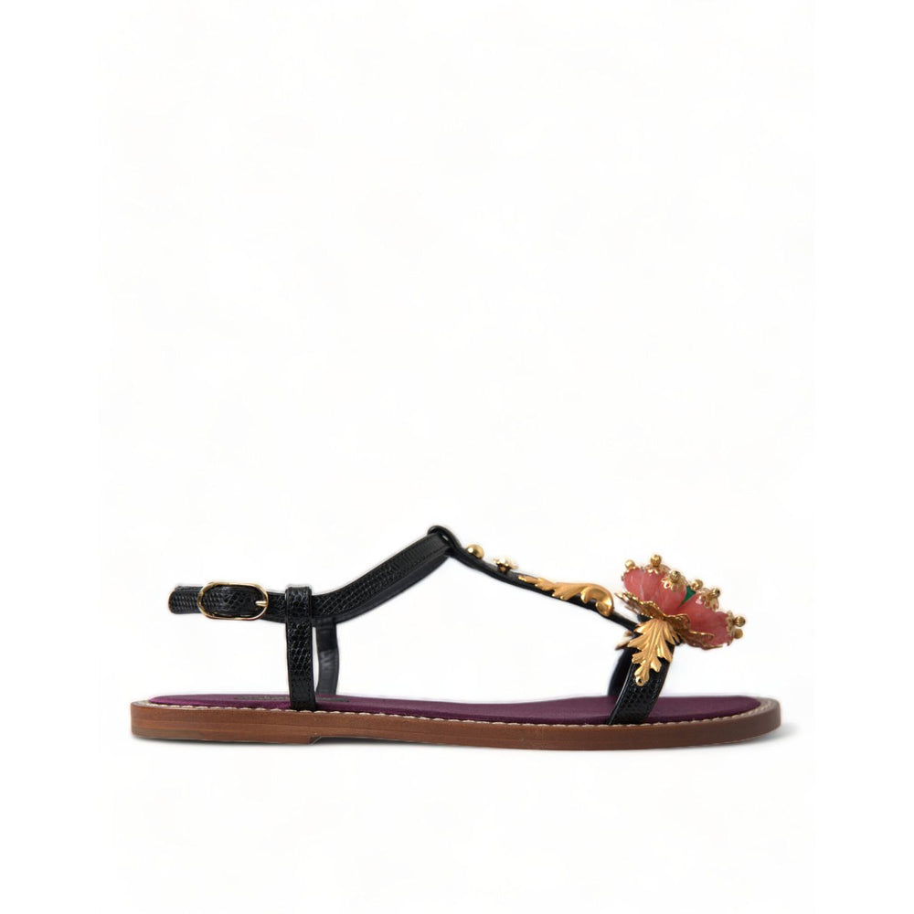 Dolce & Gabbana Black Crystal Gold Sandals Leather Shoes