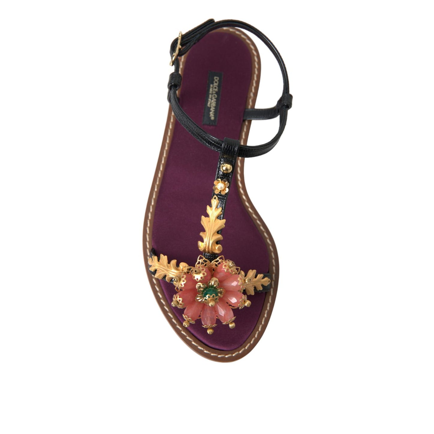 Dolce & Gabbana Black Crystal Gold Sandals Leather Shoes
