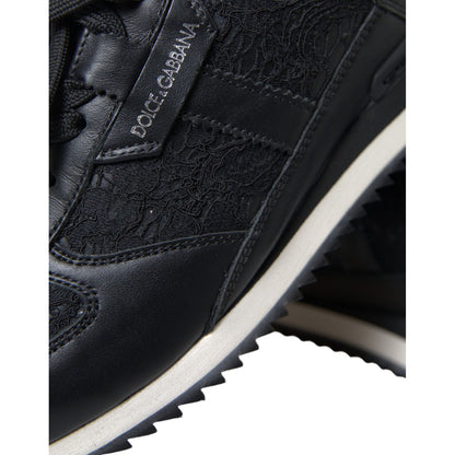 Dolce & Gabbana Black Floral Lace Leather Sneakers Shoes