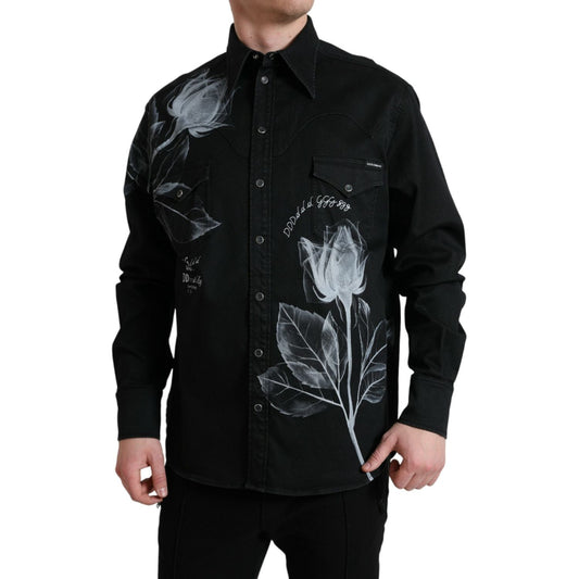 Dolce & Gabbana Black Floral Cotton Collared Dress Shirt