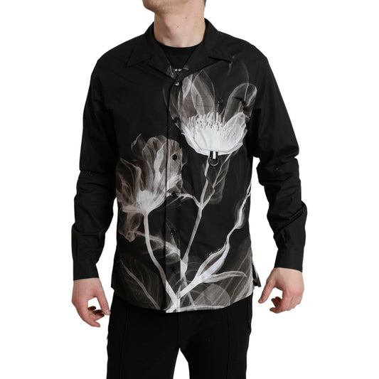 Dolce & Gabbana Black Floral Cotton Collared Long Sleeves Men Shirt