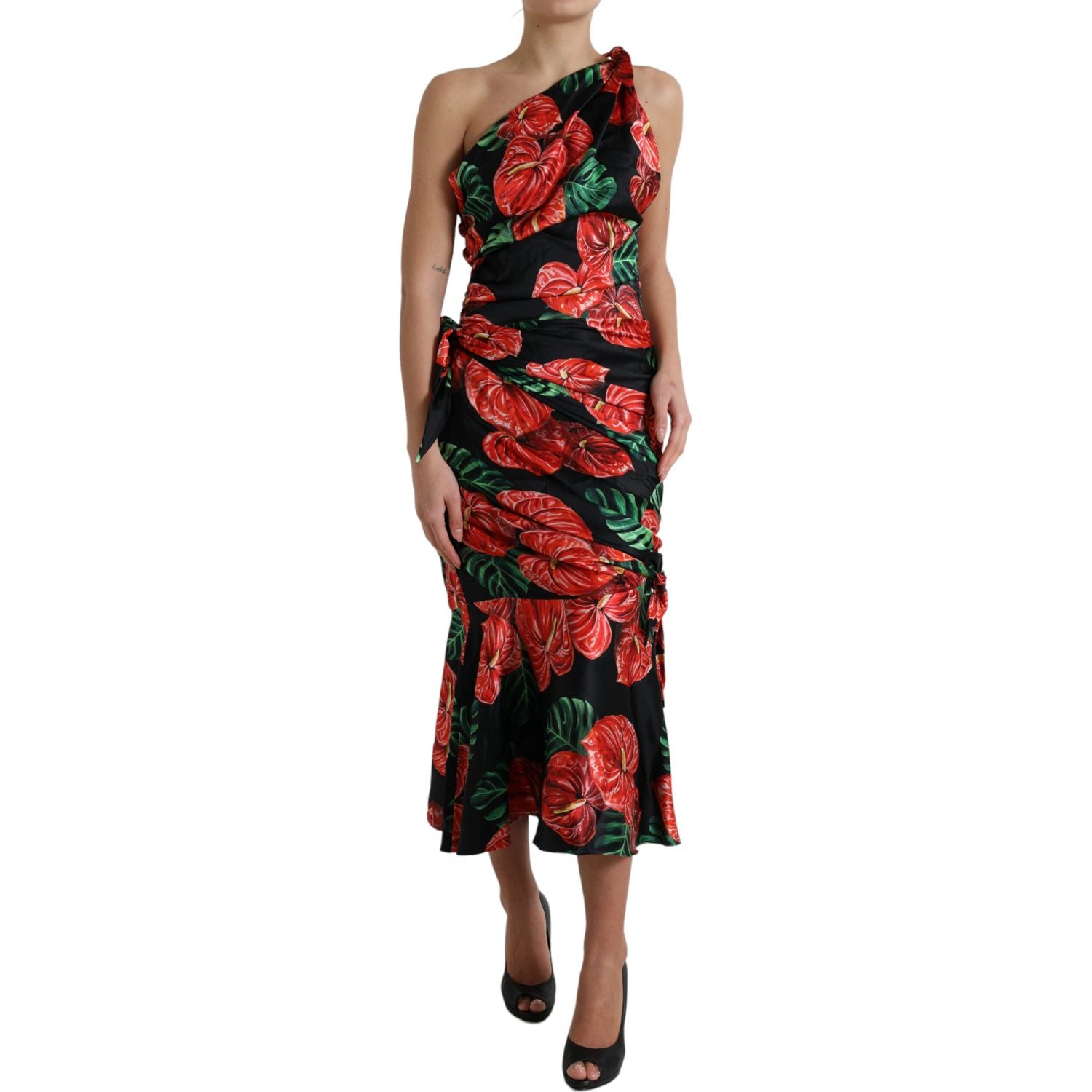 Dolce & Gabbana Black Shiny Silk Floral Print Draped Dress