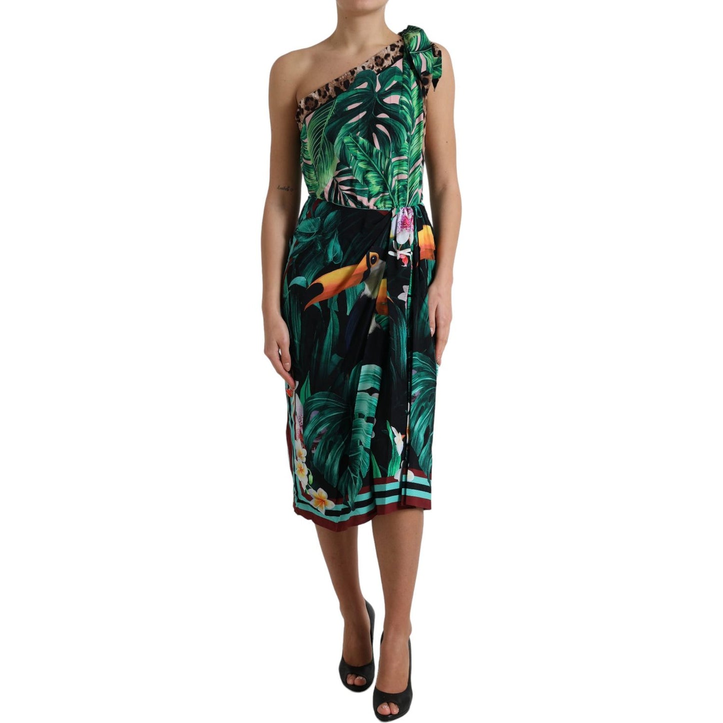 Dolce & Gabbana Green Tropical Jungle Print One Shoulder Midi Dress