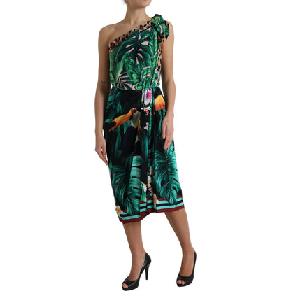 Dolce & Gabbana Green Tropical Jungle Print One Shoulder Midi Dress