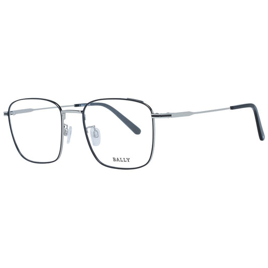 Bally Black Men Glasses Frame with metal full-rim, rectangle style, black color, demo lenses, lens width 54mm, temples length 145mm.