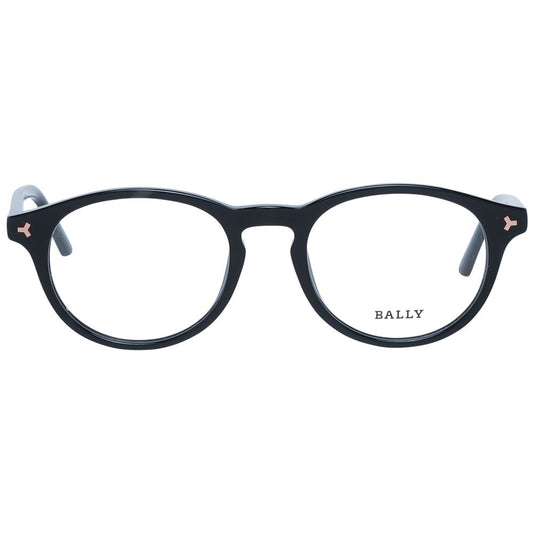 Bally Black Unisex Glasses Frame, round full-rim black plastic frame for men and women, includes branded case, size 49-19-145.