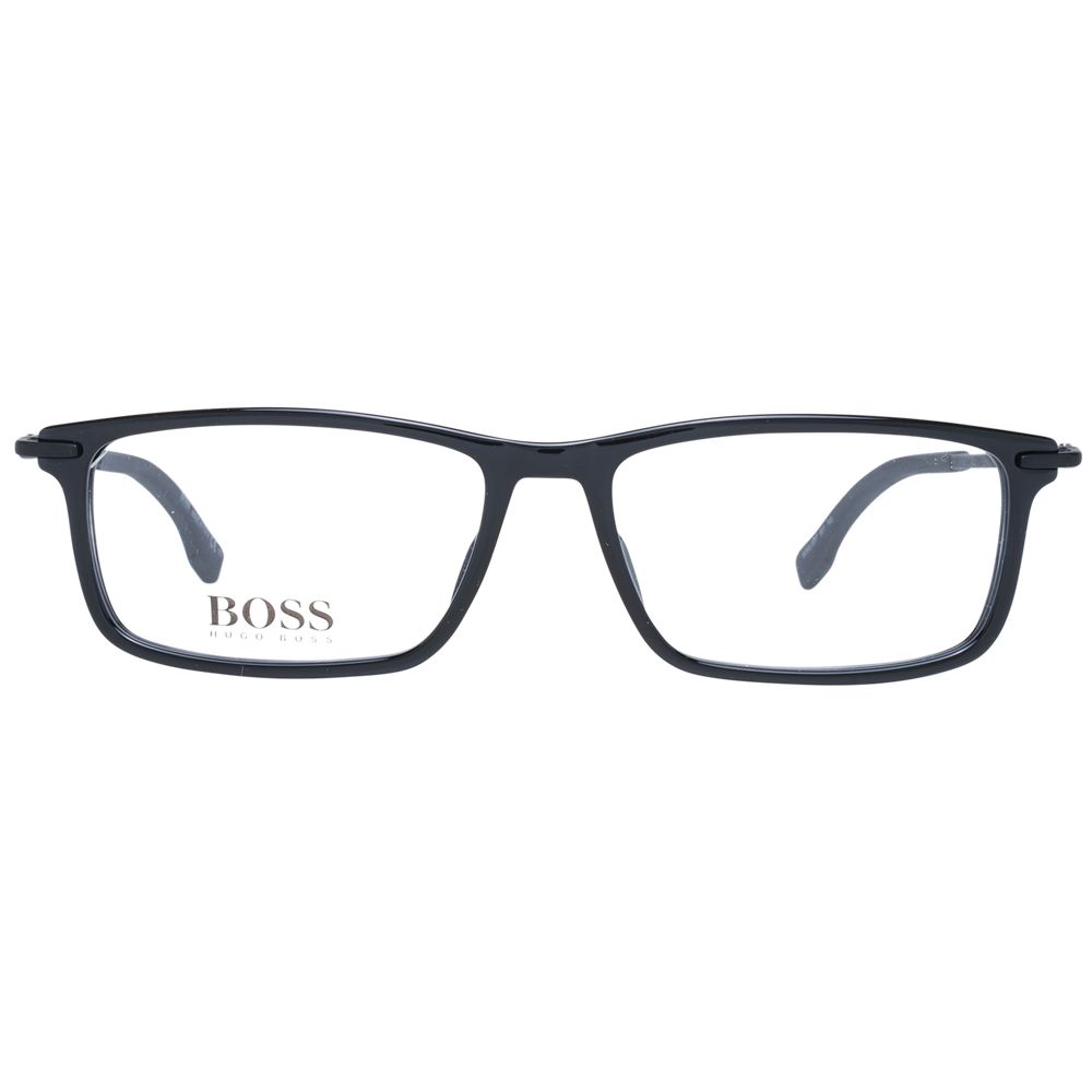 Hugo Boss Black Men Glasses Frame, full-rim rectangle style with black plastic frame, demo lenses. Size: 55-11-145.