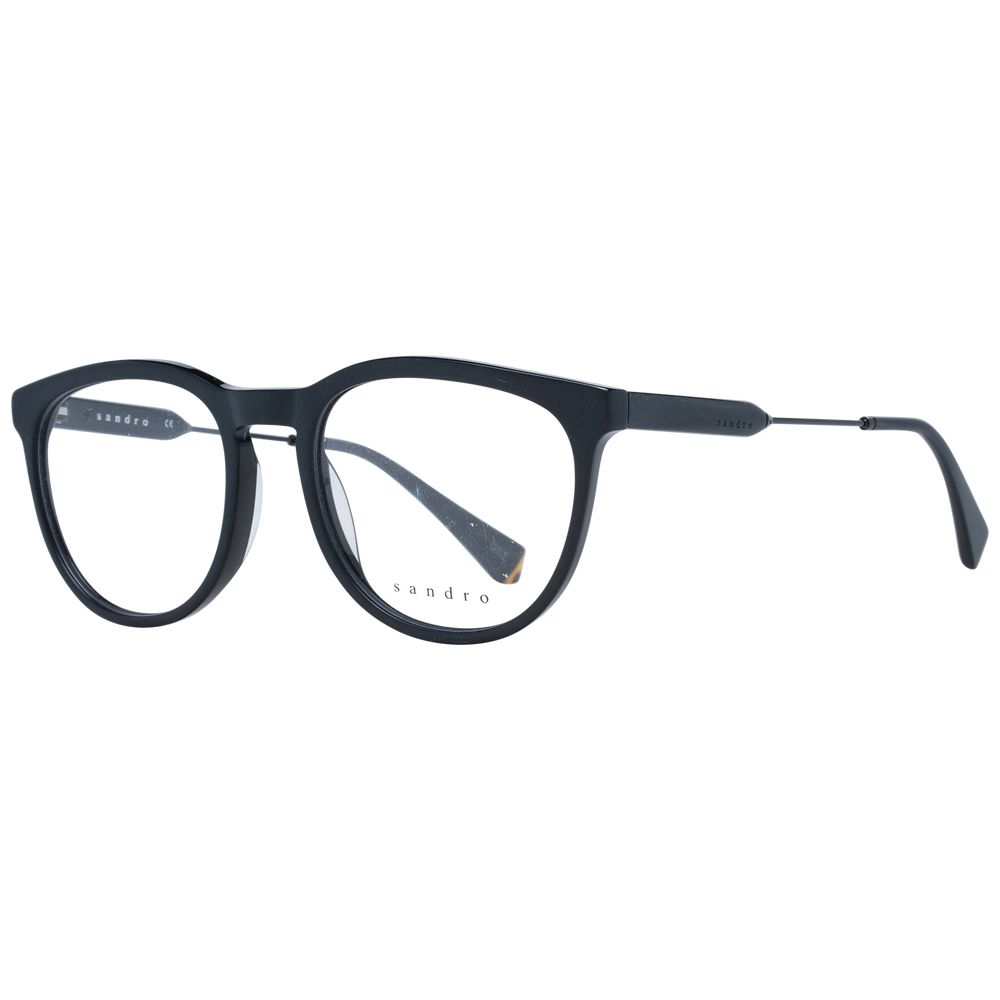 Sandro Black Men Glasses Frame in round full-rim design with black acetate material and demo lenses, size 51-18-145, includes branded case.