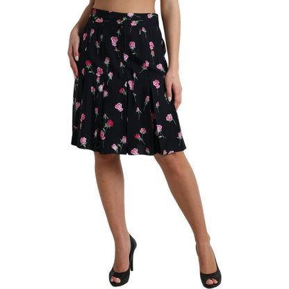 Dolce & Gabbana Black Rose High Waist A-line Knee Length Skirt