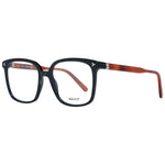 Bally Black Women Glasses Frame, full-rim square plastic design with demo lenses, black front with brown temples, includes branded case.