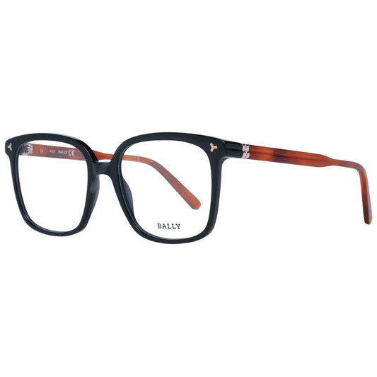 Bally Black Women Glasses Frame, full-rim square plastic design with demo lenses, black front with brown temples, includes branded case.