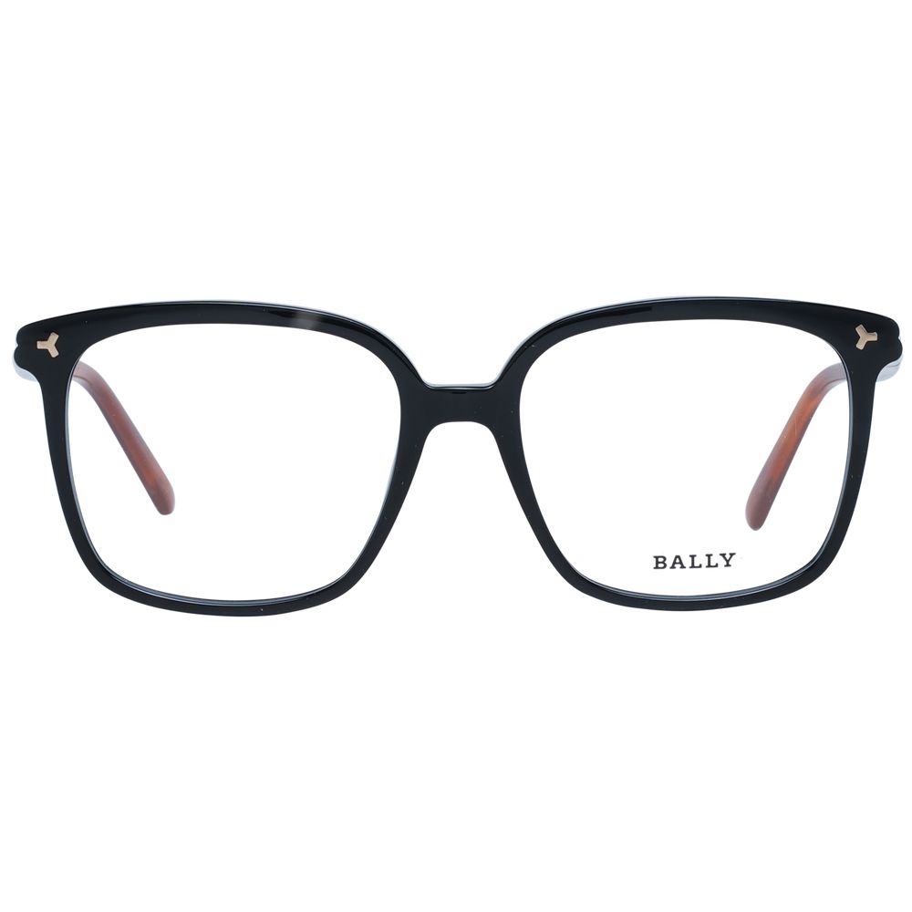 Bally Black Women Glasses Frame in full-rim style with black plastic frame and demo lenses, size 53-17-140, includes branded case.