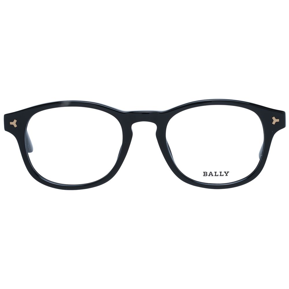Bally Black Men Glasses Frame in black plastic with full-rim square style, demo lenses, and branded case included, size 50-20-145.