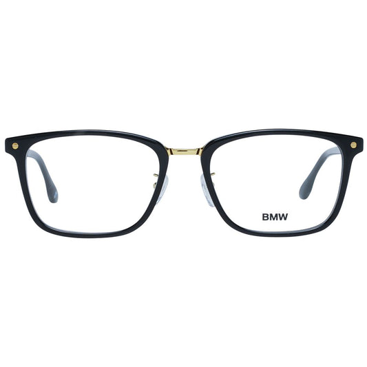 BMW Black Men Glasses Frame, full-rim, black plastic, 55-19-145 size, rectangle style, demo lenses, branded case included.