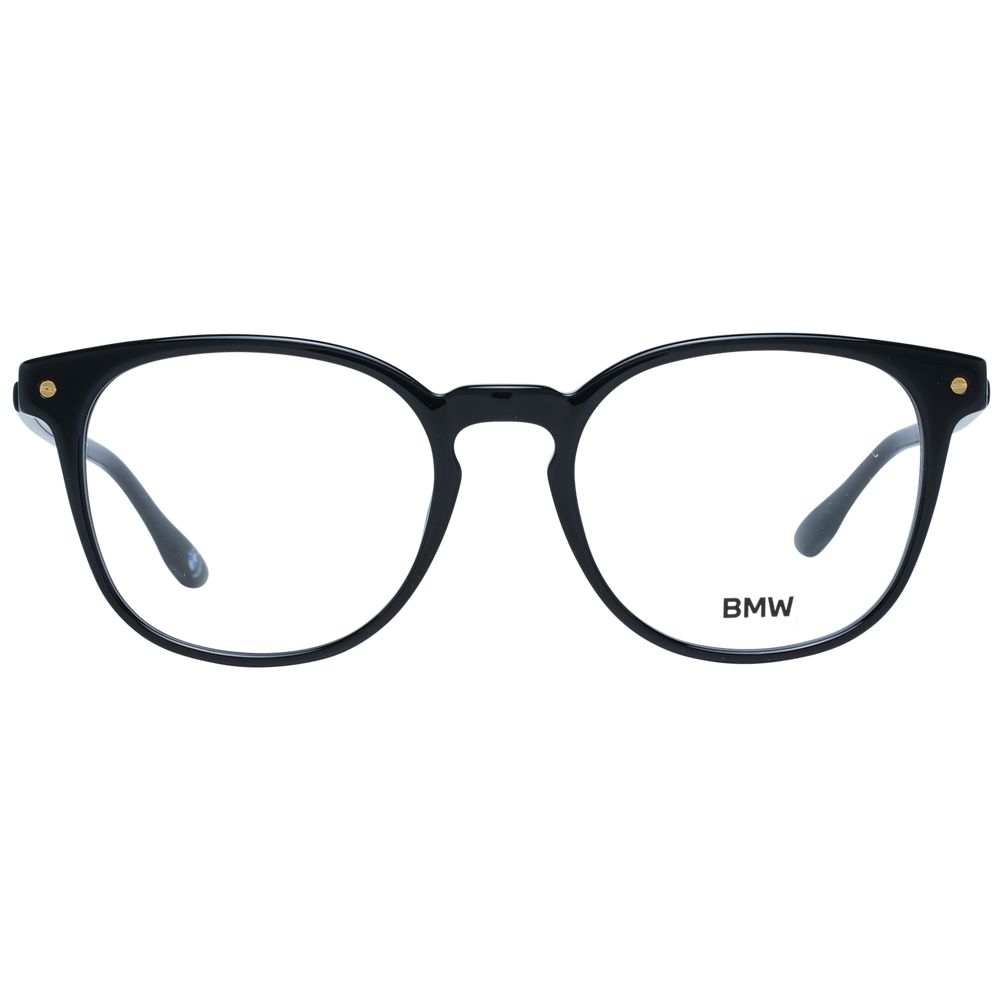 Alt Tag: BMW Black Men Glasses Frame plastic full-rim style with demo lenses, round design, 52-19-145 size, includes branded case.