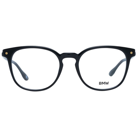 Alt Tag: BMW Black Men Glasses Frame plastic full-rim style with demo lenses, round design, 52-19-145 size, includes branded case.