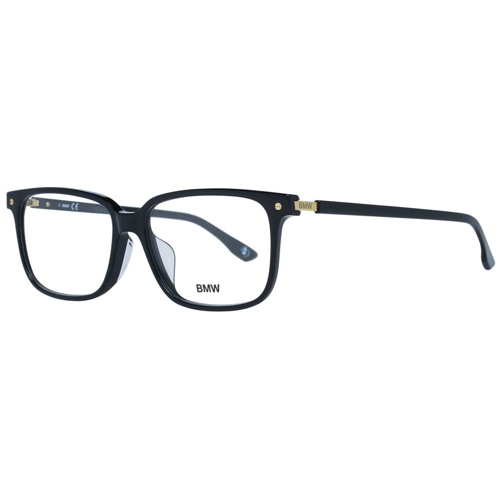 BMW Black Men Glasses Frame in full-rim black plastic with rectangle style and branded case.