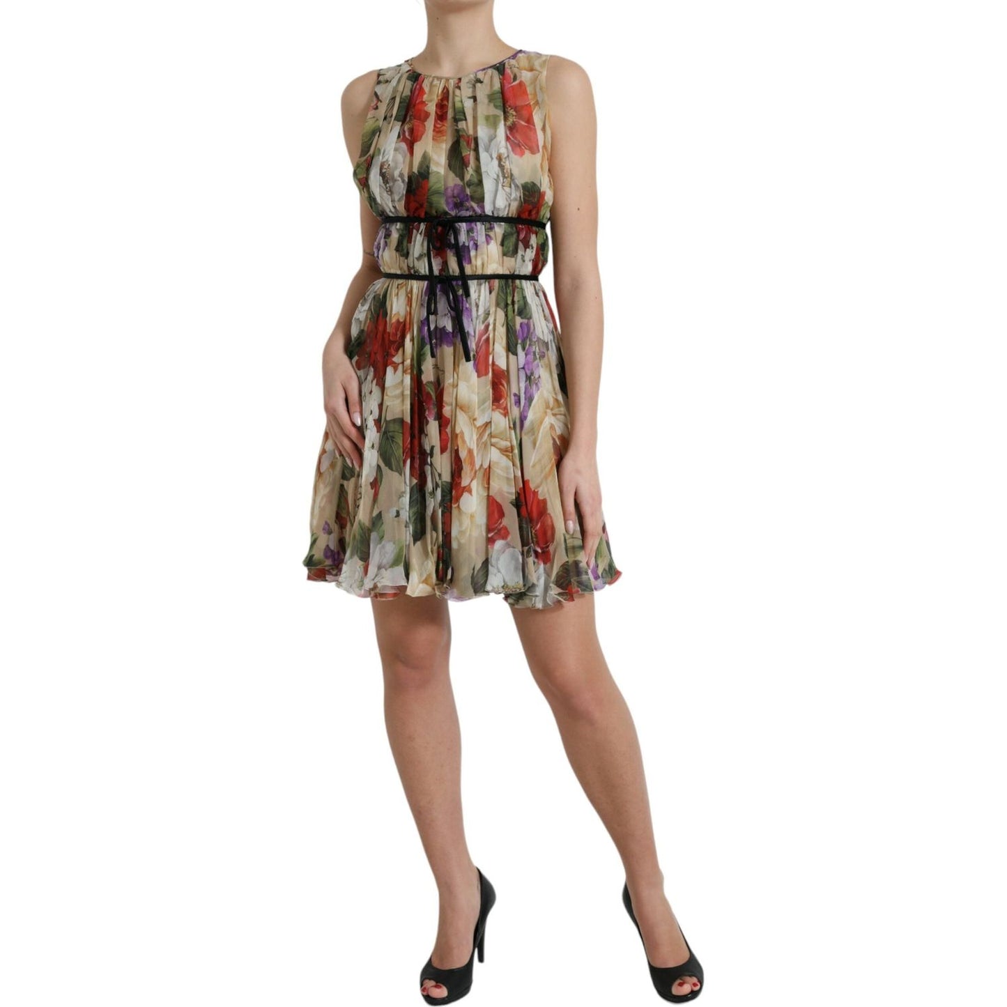Dolce & Gabbana Beige Floral Sleeveless A-line Mini Dress