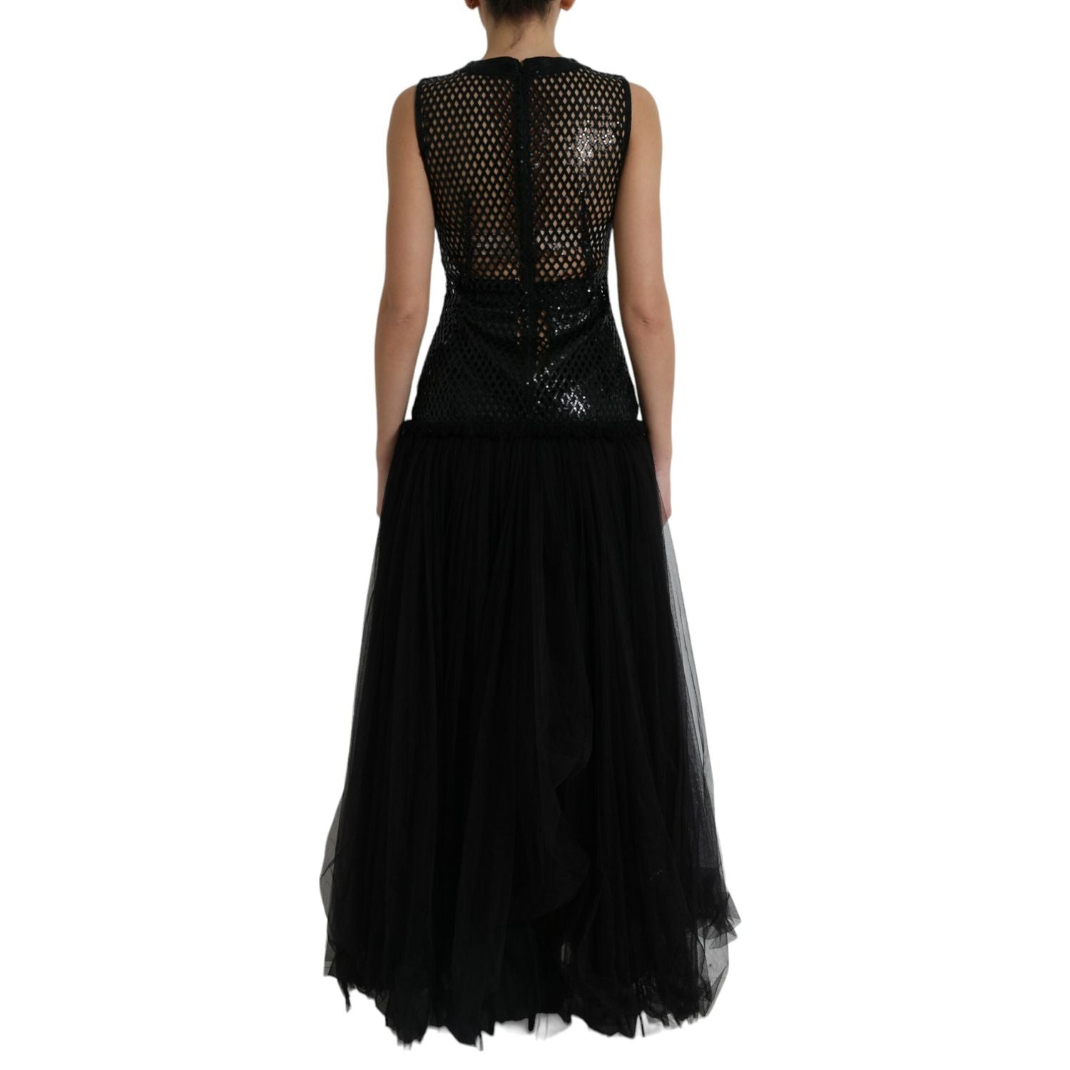 Dolce & Gabbana Black Sequined Sleeveless Mesh Layered Gown Dress